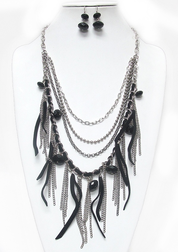 Multi Suede And Metal Tassel Drop Necklace Earring Set