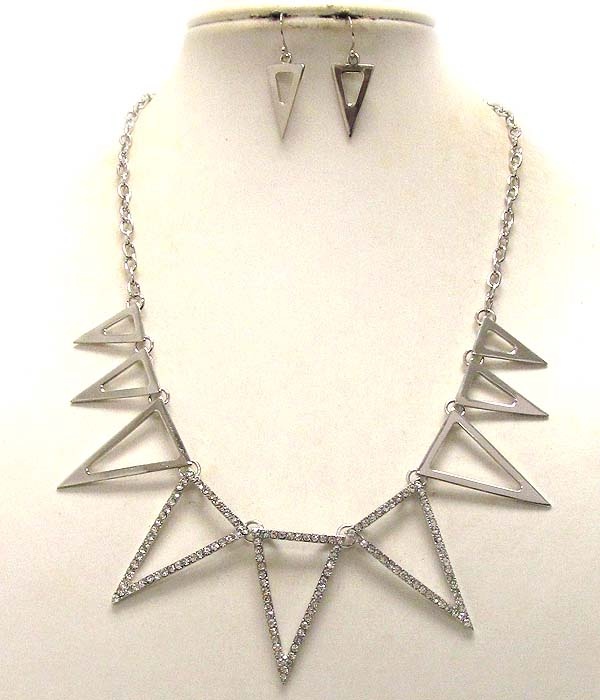 Multi Crystal And Metal Triangle Pattern Drop Chain Necklace Earring Set