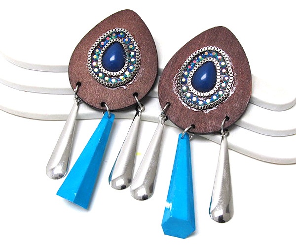 Wooden Tear Drop Inside Crystal And Metal Chain Drop With Multi Dangle Dear Drops Earring