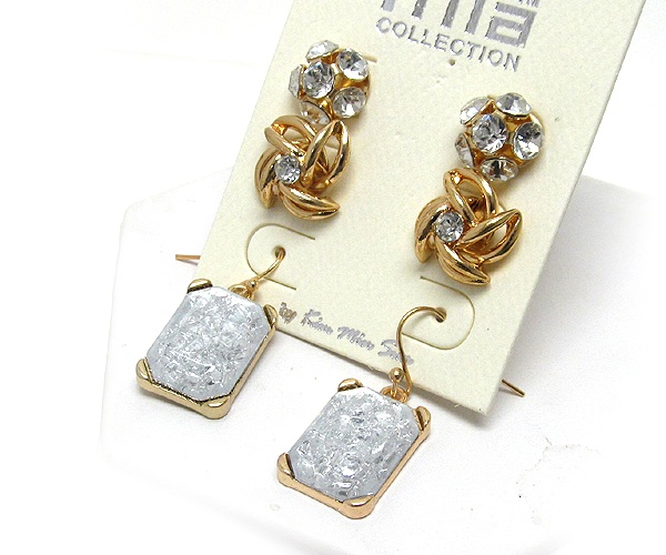 Round Crystal Fire Ball Metal Flower Crystal And Rectangle Glass 3 Pair Earring Set