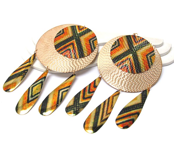 Fashion Print Large And Double Metal Disk With Big Tear Drop Dangle Drop Earring