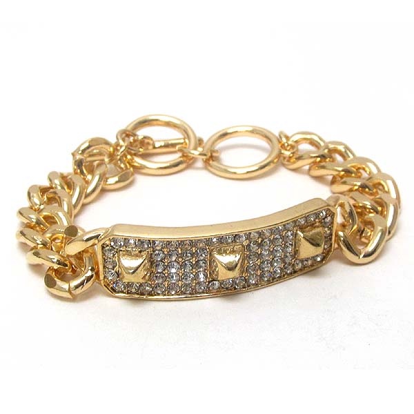 Crystal And Spike On Plate And Thick Chain Toggle Bracelet