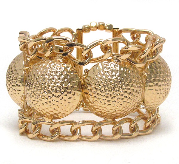 Multi Hammered Puff Disk And Chain Link Stretch Bracelet