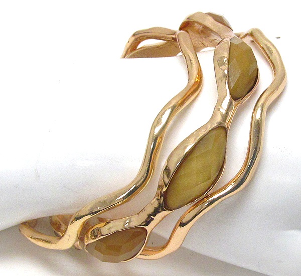 Facet Acrylic Stone Deco Metal Wave Bangle Bracelet Set Of 3