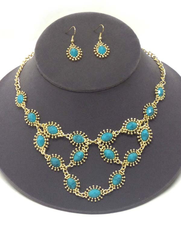 Facet Stone And Metal Filigree Statement Necklace Earring Set
