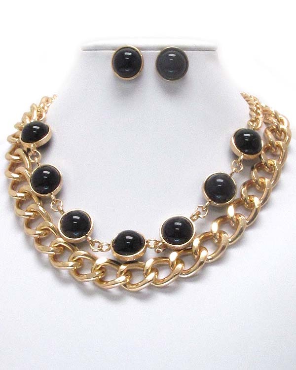 Multi Ball Stone And Thick Chain Double Layer Necklace Earring Set
