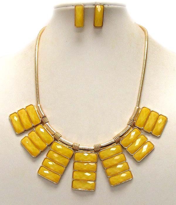Metal Patern And Drop Multi Natural Rectangle Stone Pattern Drop Chain Necklace Earring Set