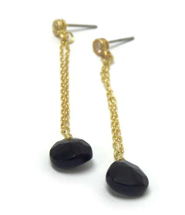 Genuine Semi Precious Stone Drop Earrinngs - Jet