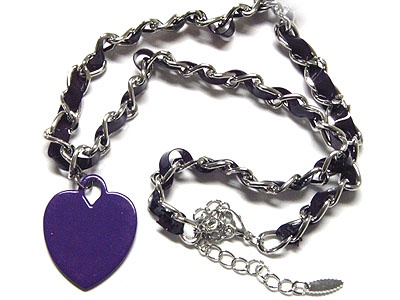 Color Heart Charm Bradied Leather Cord And Metal Chain Necklace