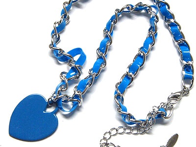 Color Heart Charm Bradied Leather Cord And Metal Chain Necklace