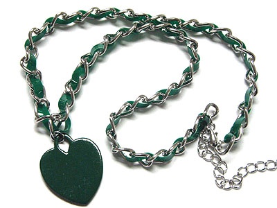 Color Heart Charm Bradied Leather Cord And Metal Chain Necklace