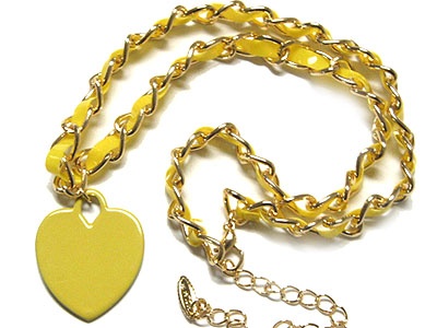 Color Heart Charm Bradied Leather Cord And Metal Chain Necklace
