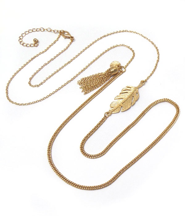 Metal Leaf And Chain Tassel Long Necklace