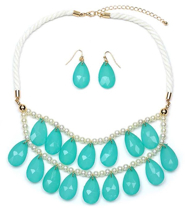 Teardrop Stone Dangle Double Layer Necklace Set