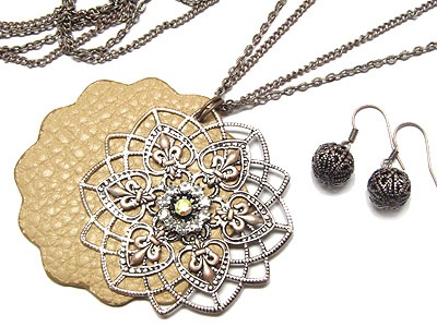 Metal Casting Fluer De Lis And Crystal And Leather Back Necklace And Ball Earring Set
