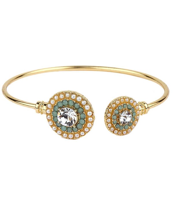 Crystal And Pearl Disk Wire Bangle Bracelet