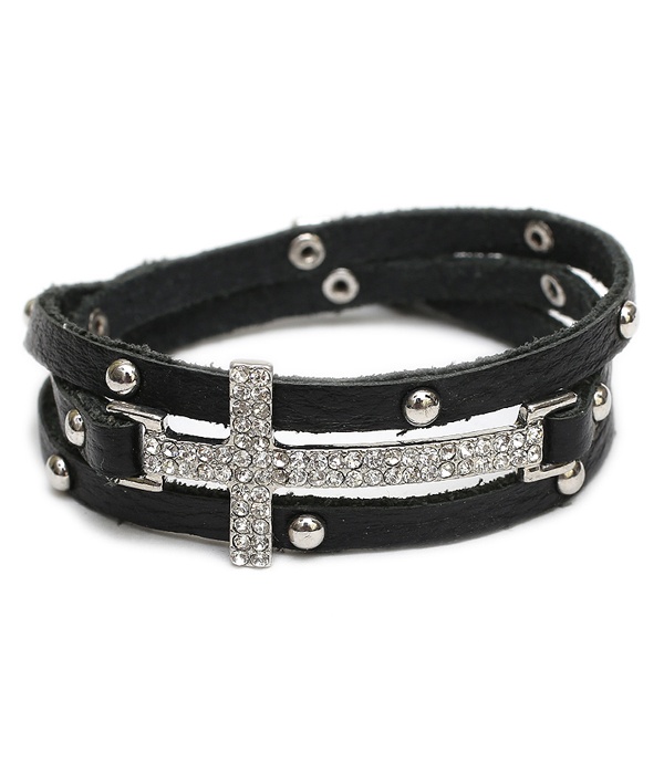 Crystal Cross Leather Wrap Bracelet