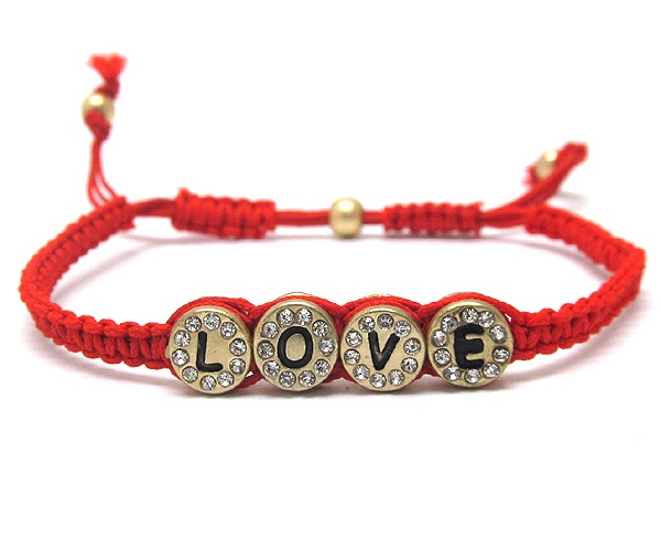 Crystal Metal Round Disk Love Message And Cord Friendship Bracelet