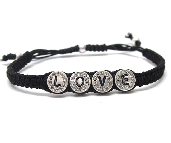 Crystal Metal Round Disk Love Message And Cord Friendship Bracelet