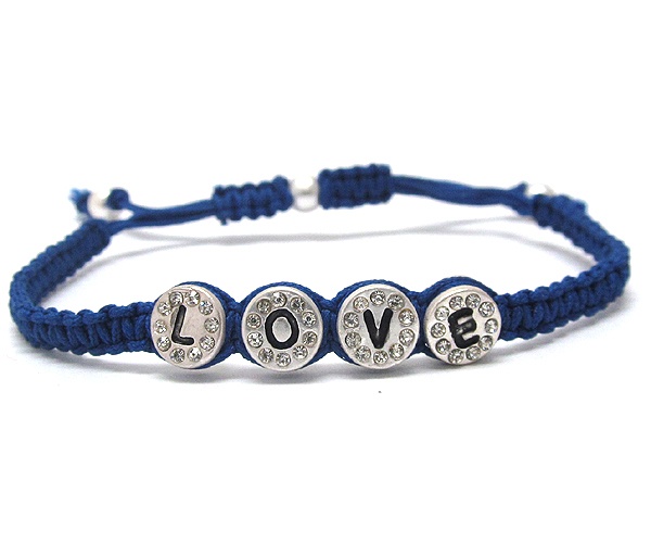 Crystal Metal Round Disk Love Message And Cord Friendship Bracelet