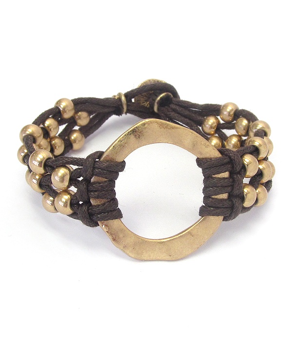Hammered Metal Hoop And Wax Cord Toggle Bracelet