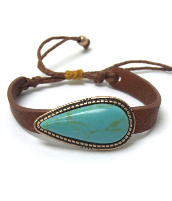 Handmade Semi Precious Teardrop Shape Stone And Leatherette Pull Tie Bracelet