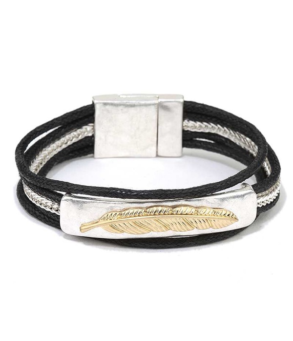 Handmade Leaf And Wax Cord Magnetic Bracelet