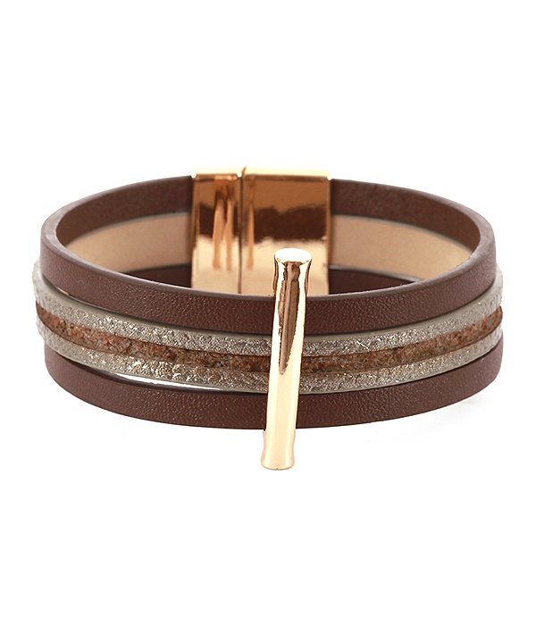 Metal Bar And Multi Layer Leatherette Magnetic Bracelet