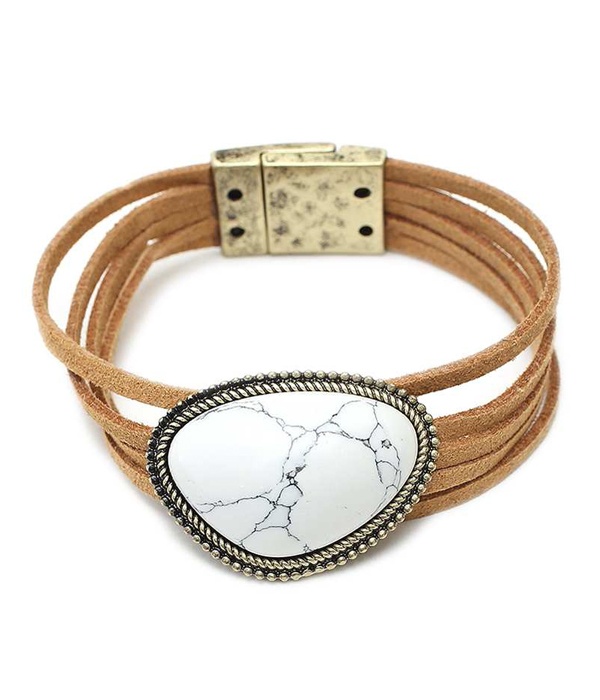 Semi Precious Stone And Layered Leatherette Magnetic Bracelet