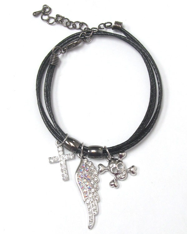 Made In Korea Whitegold Plating Multi Crystal Charm Dangle Cord Bracelet