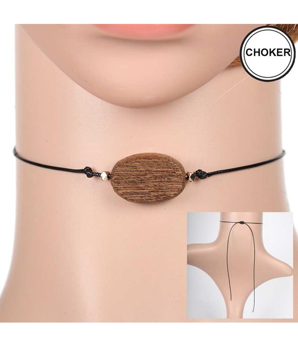 Oval Wood Wax Cord Pull Tie Choker Necklace