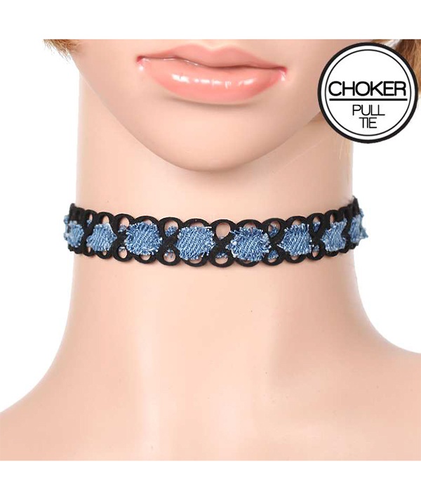 Denim And Leatherette Open Cut Woven Pull Tie Choker Necklace