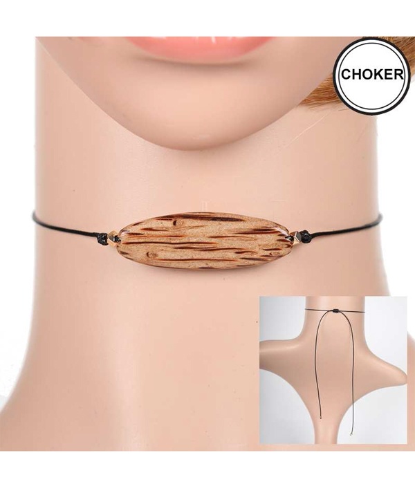 Oval Wood Wax Cord Pull Tie Choker Necklace
