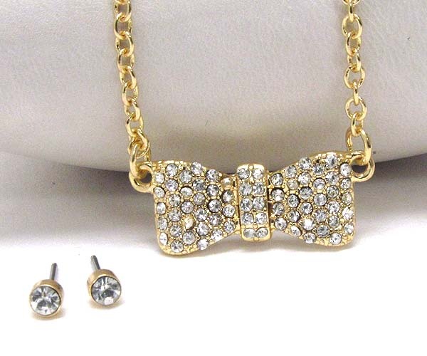 Crystal Metal Bow Chain Necklace Earring Set