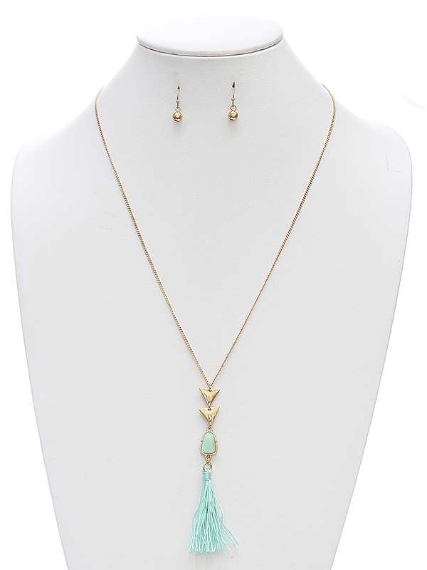 Genuine Stone And Tassel Long Necklace Set