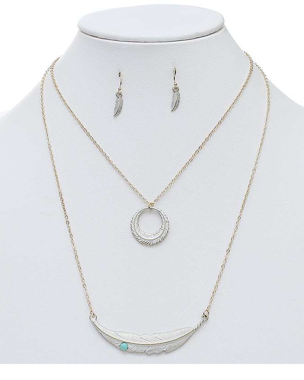 Feather Double Layer Necklace Set