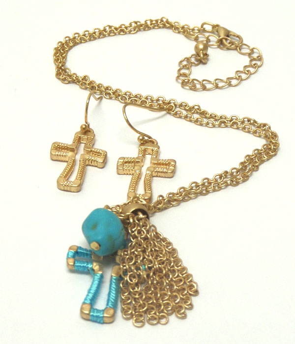 Metal Chain And Cross With Turquoise Stone Tassel Necklace Set