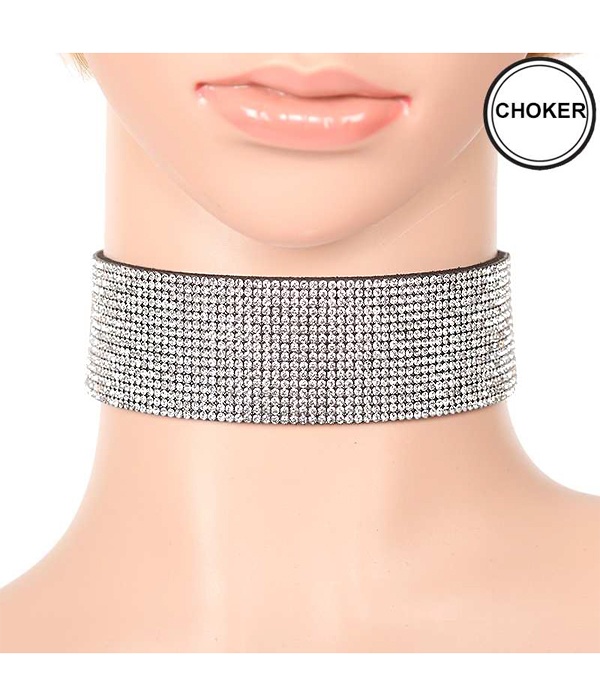 Rhinestone On Leather Band Choker Necklace