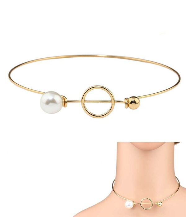Geometric Wire And Pearl Choker Necklace
