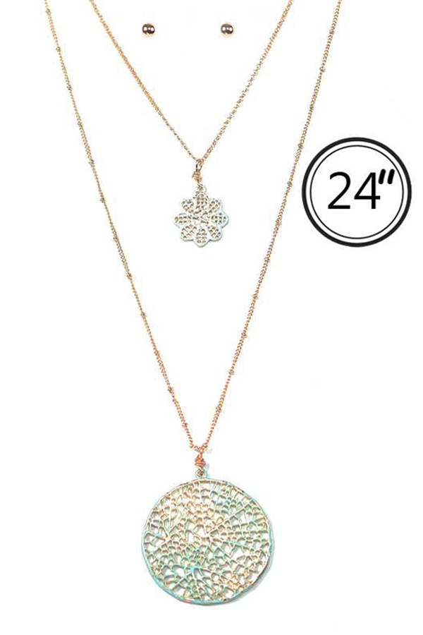 Metal Filigree Pendant Double Layer Long Necklace Set