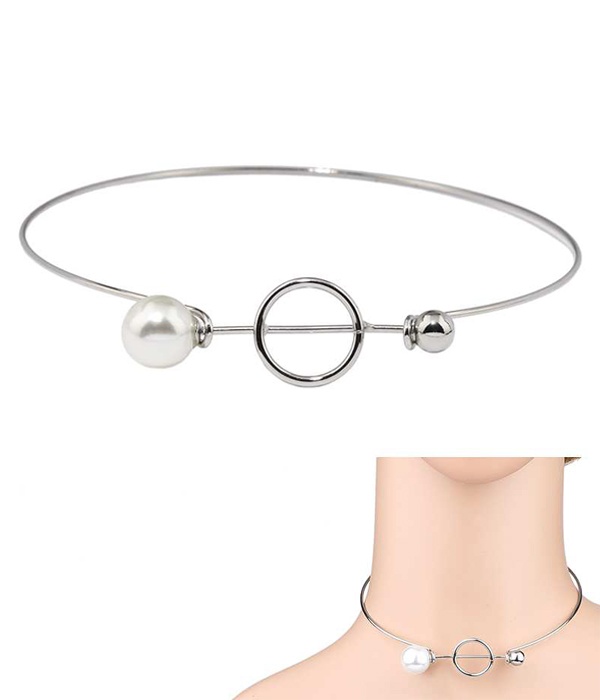 Geometric Wire And Pearl Choker Necklace