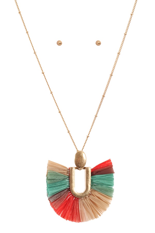 Rafia Tassel Pendant Long Necklace Set