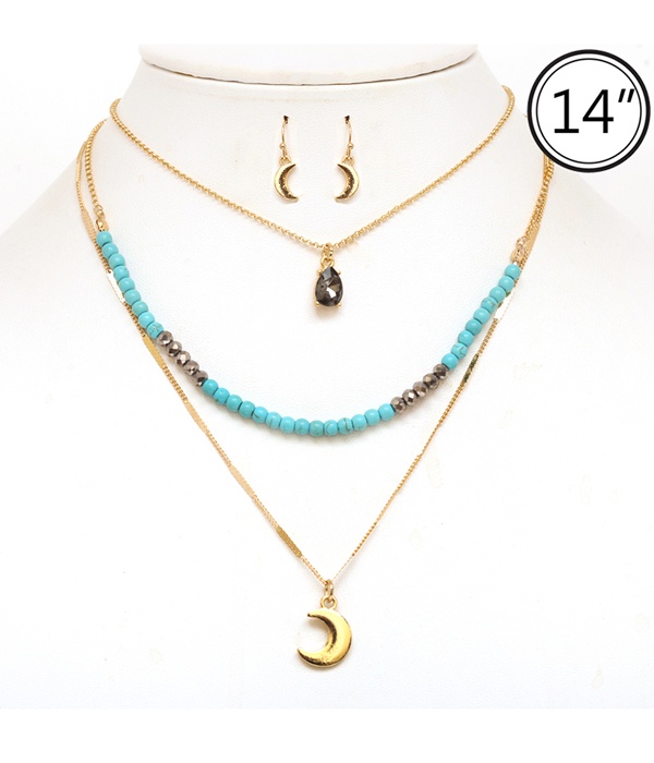Moon Pendant And Seedbead Multi Layer Necklace Set