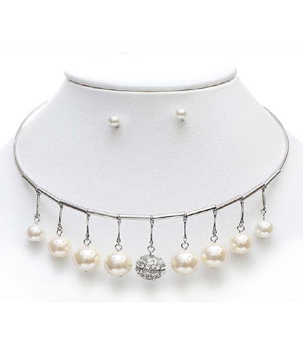 Crystal Fireball And Pearl Drop Chocker Necklace Set
