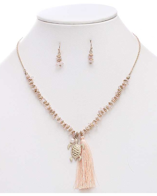 Semi Precious Chipstone And Tassel Drop Necklace Set - Turtle