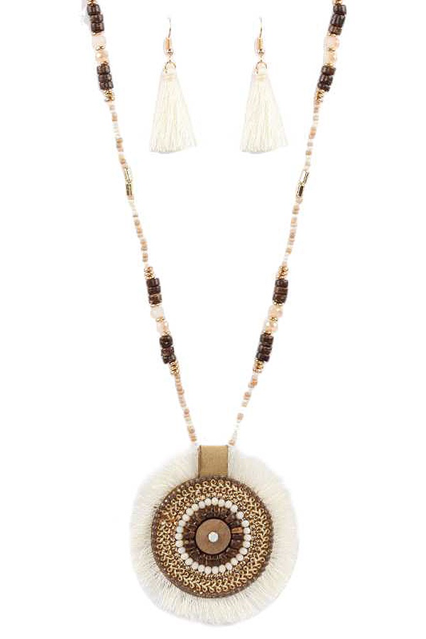 Seed Bead And Thread Tassel Round Pendant Long Necklace Set