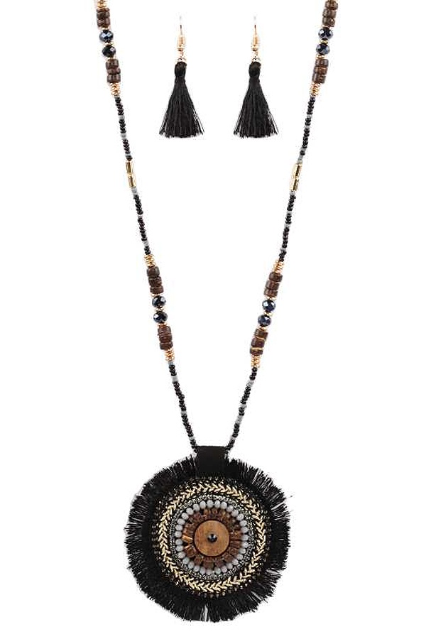 Seed Bead And Thread Tassel Round Pendant Long Necklace Set