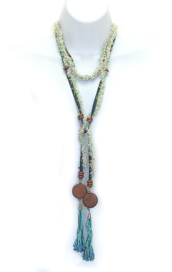 Wood Disk And Tassel Drop Long Fabric Lariat Necklace