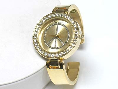 Peace Theme Crystal Frame Metal Bangle Watch