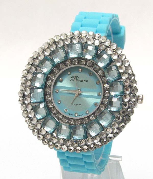 Full Round Flat Face Multi Size Crystal Frame Fashion Rubber Watch